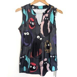 NWT Micoson Pleat Neck Sleeveless Women Size S Top V Neck Black with Cat Print